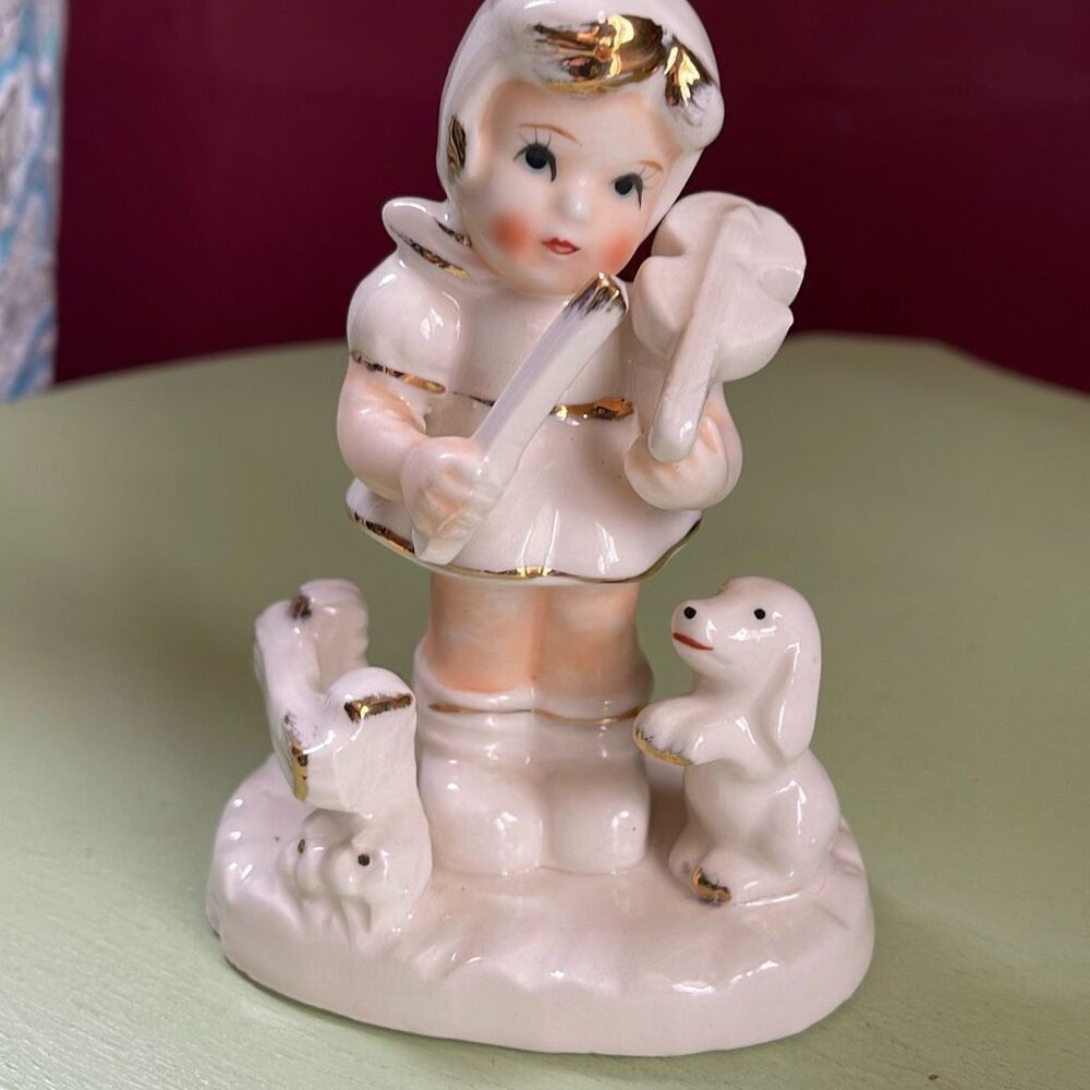 VTG violin little girl dog fence porcelain figurine
